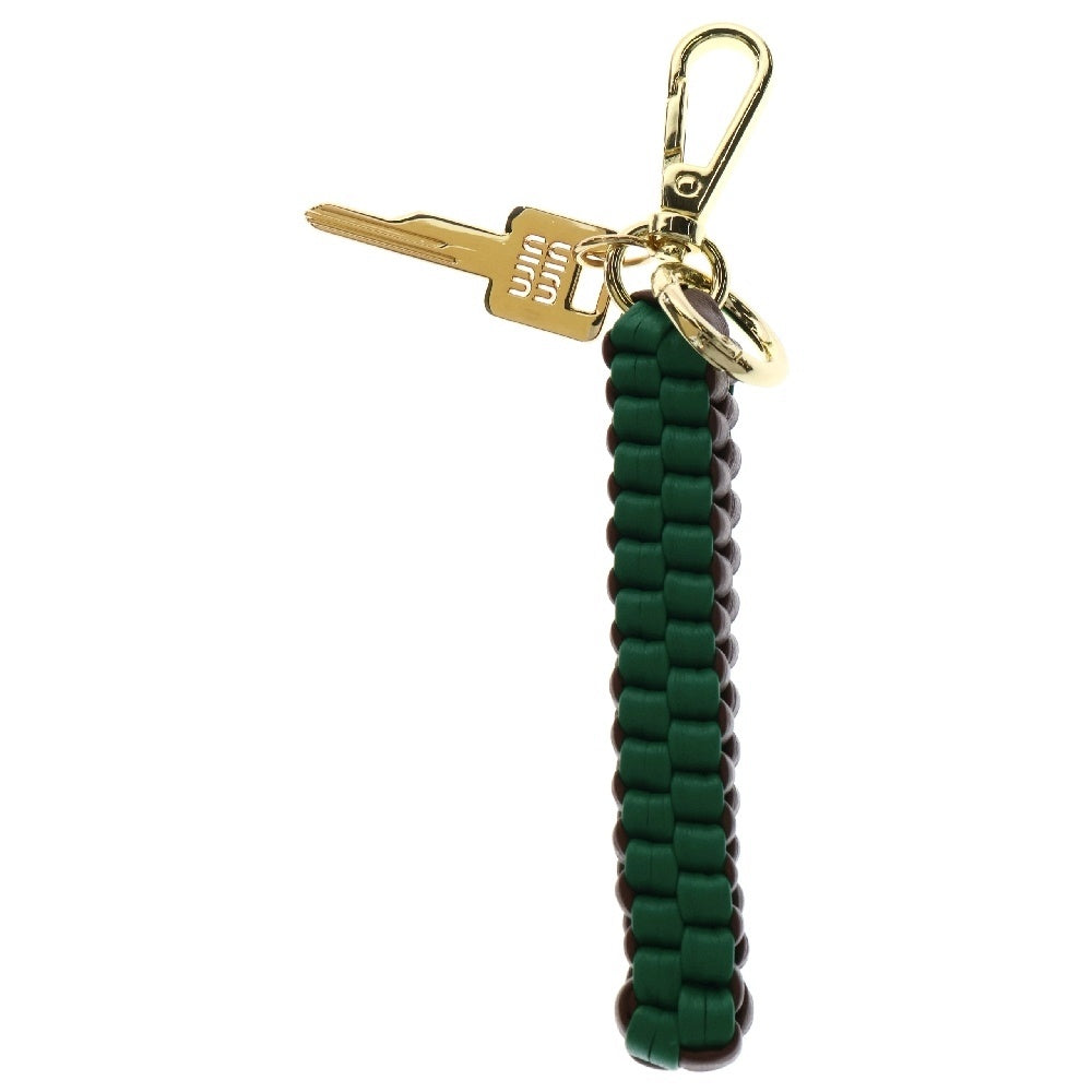 miumiu(ミュウミュウ) ブレイドコード キーホルダー グリーン×ブラウン ゴールド金具 レザー×GP キーリング バッグチャーム