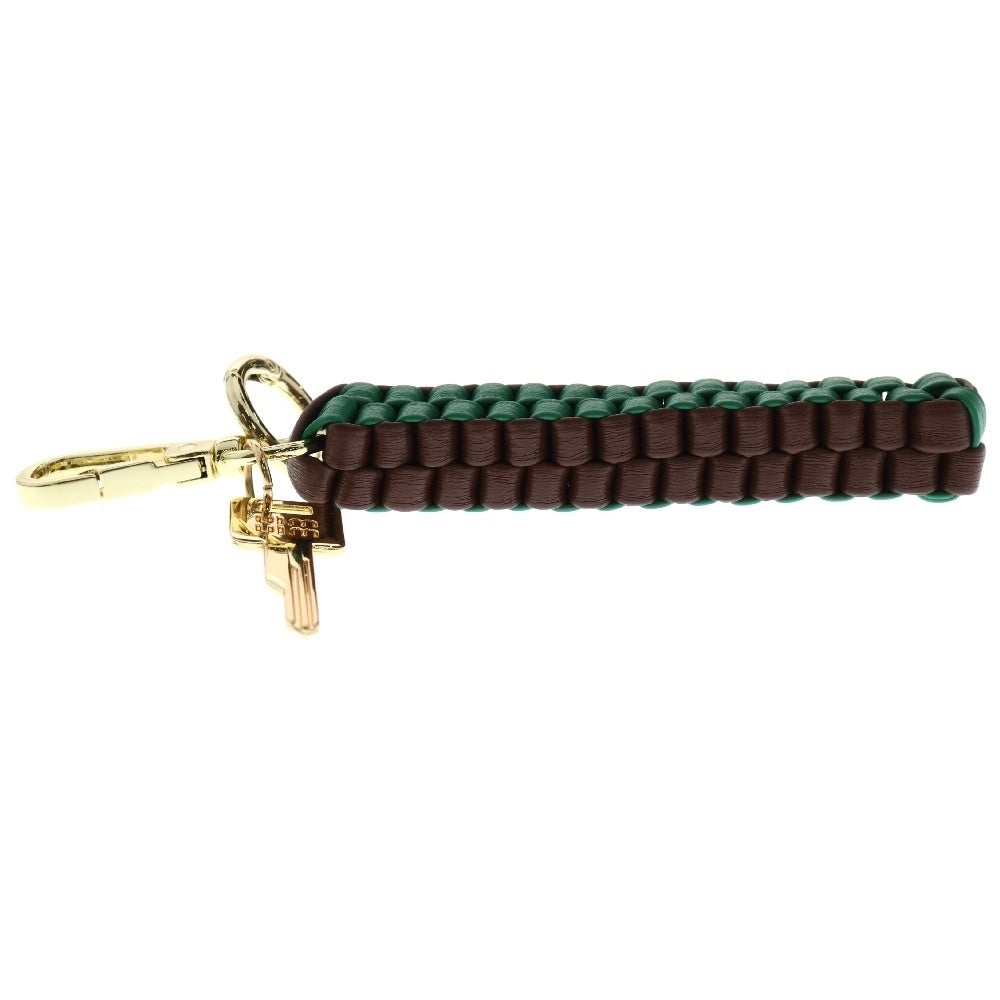 miumiu(ミュウミュウ) ブレイドコード キーホルダー グリーン×ブラウン ゴールド金具 レザー×GP キーリング バッグチャーム