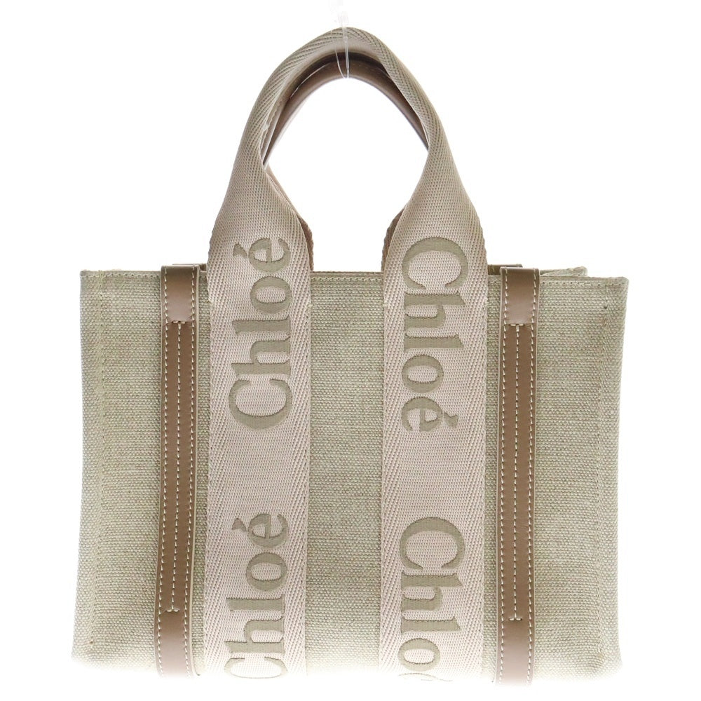 Chloe(クロエ) ウッディ スモール トートバッグ ショルダーバッグ ミニバッグ ベージュ×ピンク キャンバス×レザー ゴールド金具 CHC23AS397L1726Y