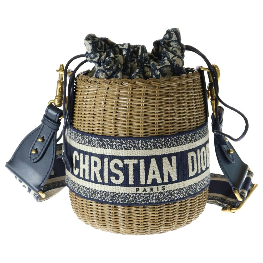 Christian Dior(クリスチャンディオール) オブリーク ウィッカー バスケットバッグ ショルダーバッグ ネイビー キャンパス×レザー ゴールド金具