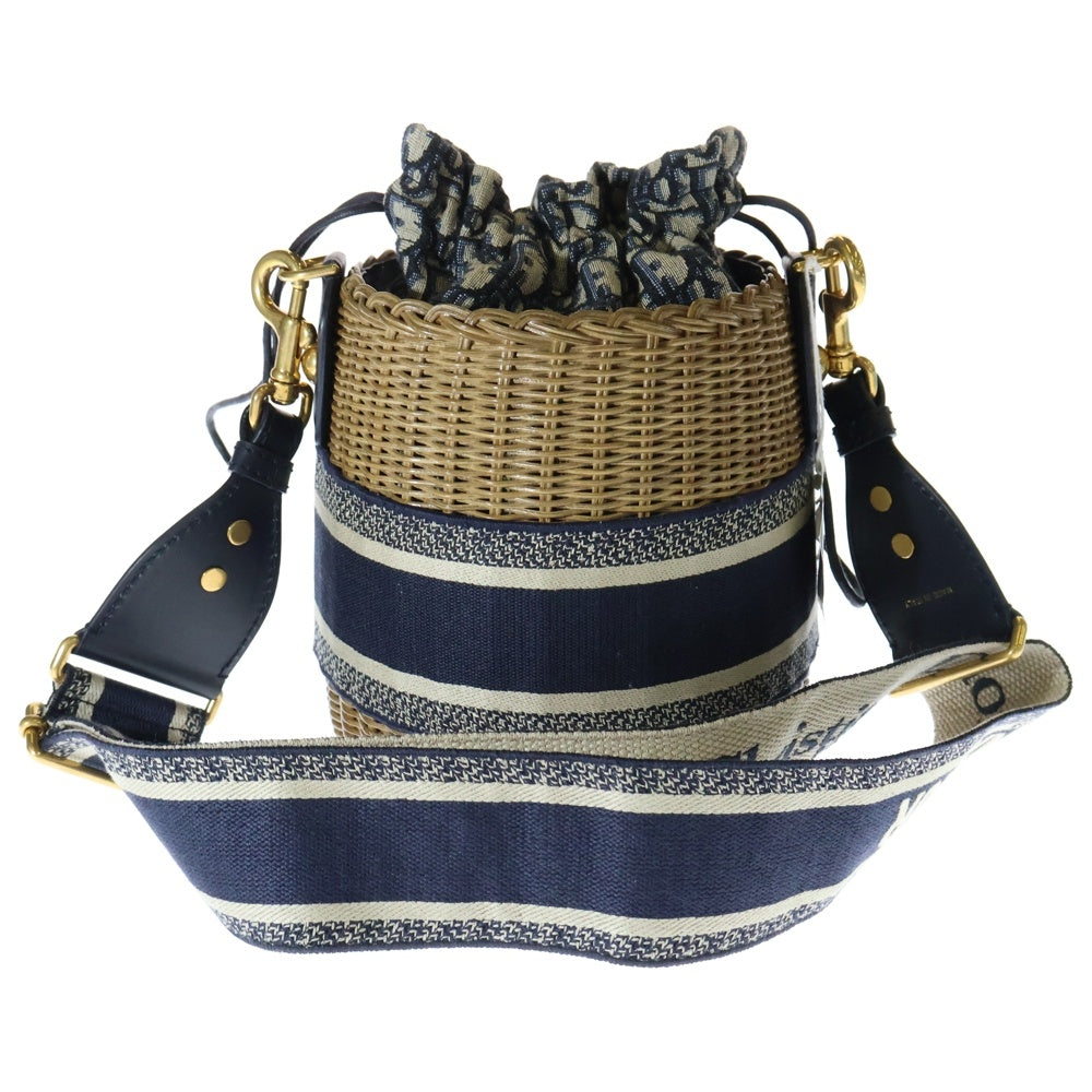 Christian Dior(クリスチャンディオール) オブリーク ウィッカー バスケットバッグ ショルダーバッグ ネイビー キャンパス×レザー ゴールド金具