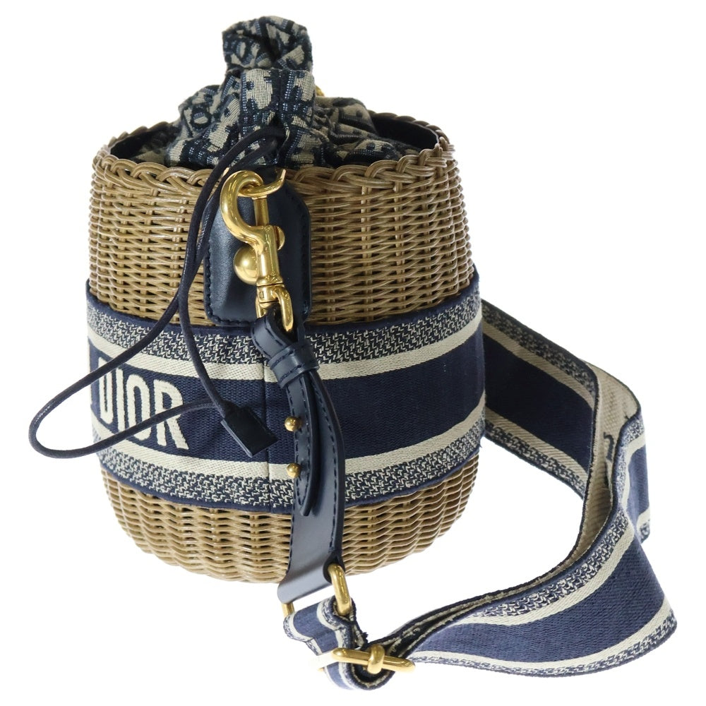 Christian Dior(クリスチャンディオール) オブリーク ウィッカー バスケットバッグ ショルダーバッグ ネイビー キャンパス×レザー ゴールド金具