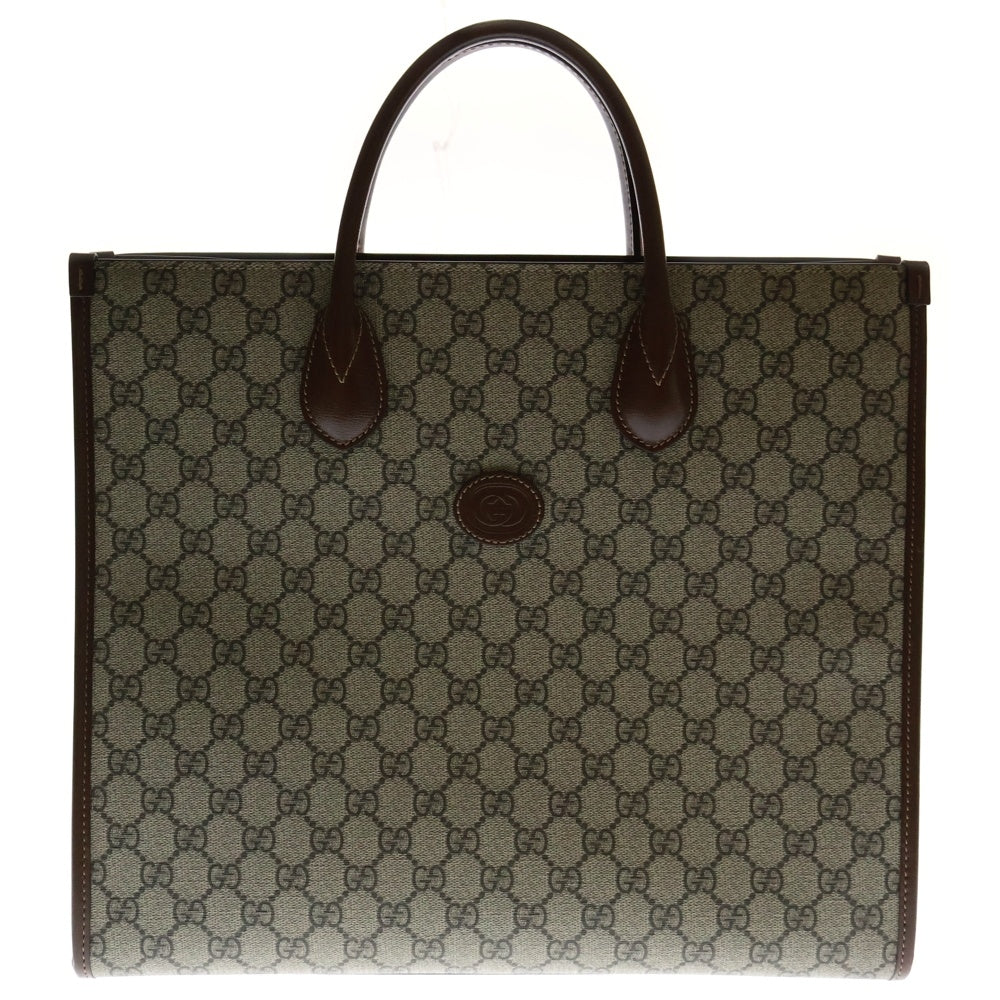 GUCCI(グッチ) GGスプリーム インターロッキングG ミディアム トートバッグ 2WAYハンドバッグ ショルダーバッグ ブラウン×ベージュ ゴールド金具 PVC×レザー 674148