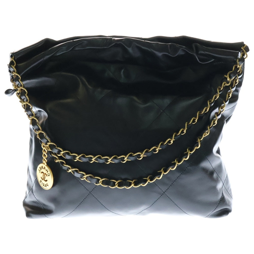 CHANEL(シャネル) シャネル22 スモール ショルダーバッグ Wチェーン ブラック シャイニーカーフスキン ゴールド金具 ランダムプレート