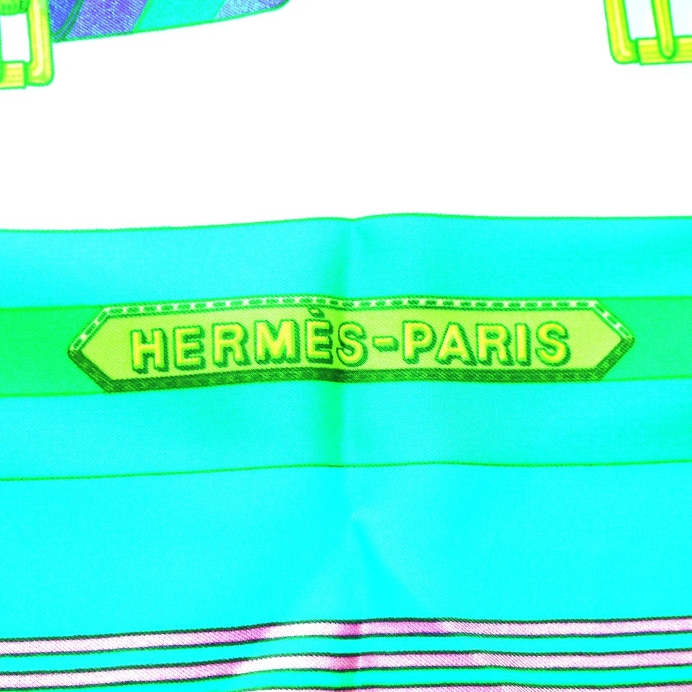 HERMES(エルメス) カレ90 LES SANGLES スカーフ マルチカラー グリーン パープル ホワイト シルク
