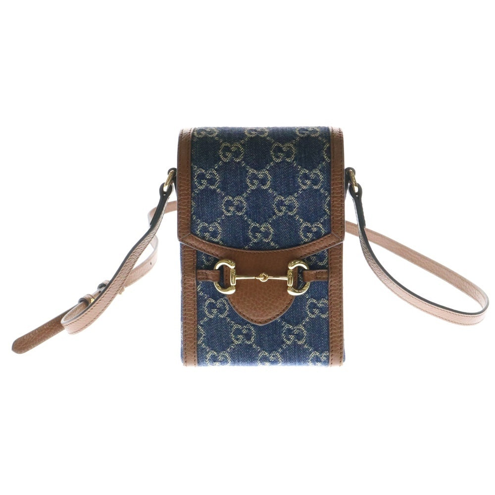 GUCCI(グッチ) ホースビット デニム ショルダーバック フォンショルダー ブラウン×インディゴブルー ゴールド金具 625615