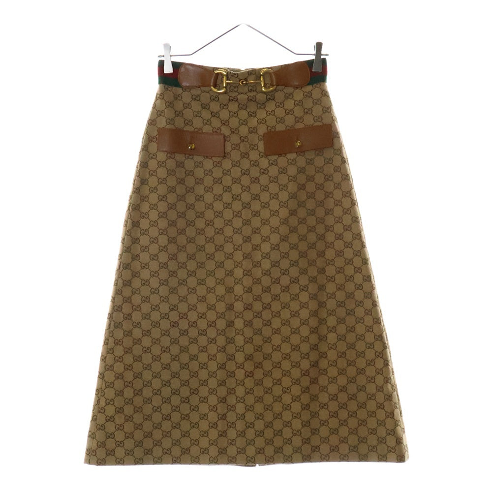 GUCCI(グッチ) GGキャンバス 総柄 シェリーライン ホースビット レザー フレア ミディアムスカート ベージュ/ブラウン 681567 Z8AWI レディース