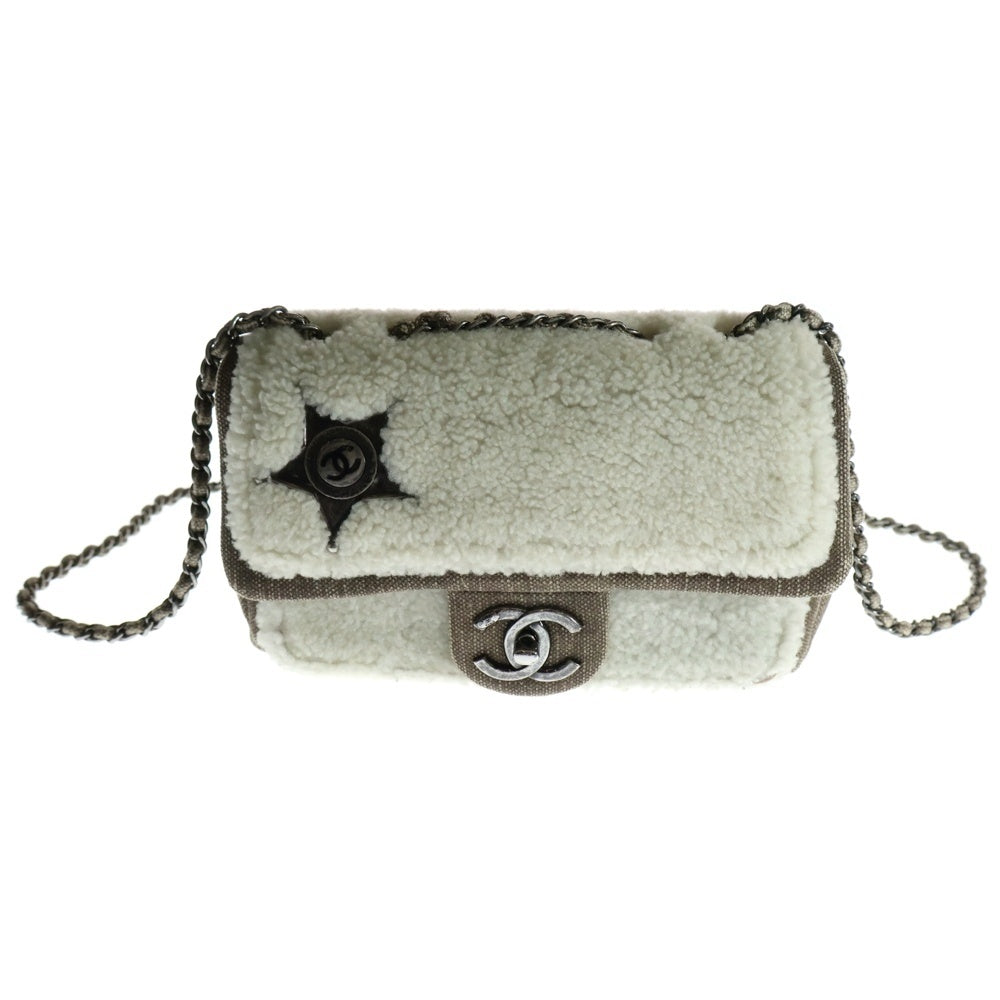 CHANEL(シャネル) パリダラス チェーン ショルダーバッグ ムートン ホワイト×ブラウン シアリング キャンバス シルバー金具 A92465