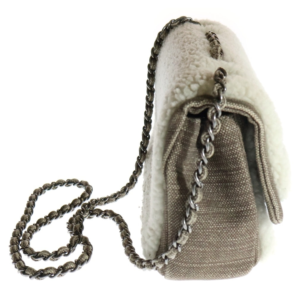 CHANEL(シャネル) パリダラス チェーン ショルダーバッグ ムートン ホワイト×ブラウン シアリング キャンバス シルバー金具 A92465