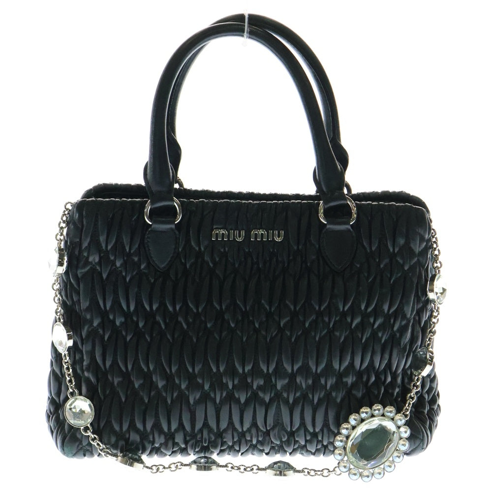 miumiu(ミュウミュウ) マテラッセ ナッパクリスタル ビジュー レザー 2WAY ハンド チェーン ワンショルダーバッグ シルバー金具 ブラック RN0958