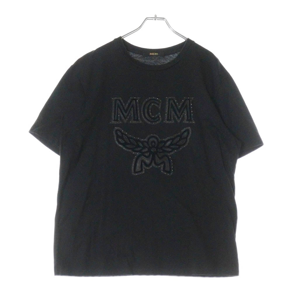 MCM(エム シー エム) スタッズ ラインストーン レザー ロゴ ワッペン クルーネック 半袖Tシャツ カットソー ブラック MHT8AMM03BK0XL