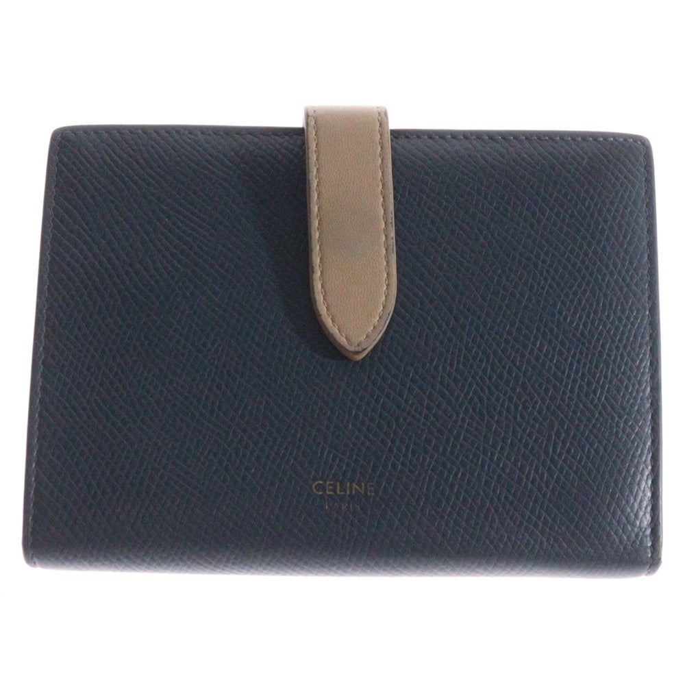 CELINE(セリーヌ) 二つ折り財布 ウォレット カードケース ゴールド金具 ネイビー×ベージュ レザー