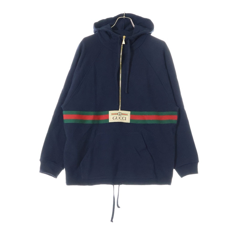 GUCCI(グッチ) ヴィンテージロゴ インターロッキングG ウェブストライプ シェリーライン ハーフジップ プルオーバースウェットパーカー フーディー ネイビー 644656