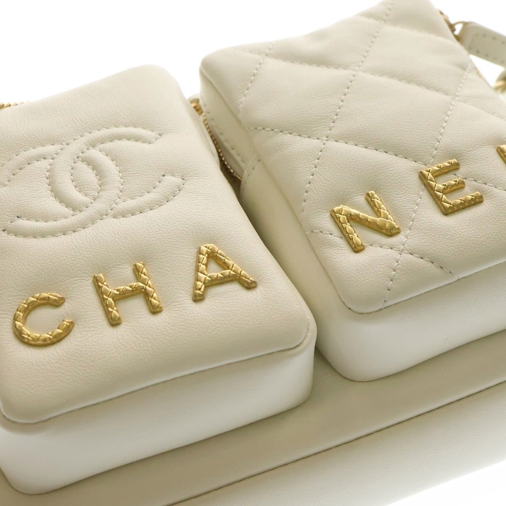 CHANEL(シャネル) ココマーク マトラッセ スモール ラムスキン チェーンレザーショルダーバッグ カメラバック ホワイト レディース