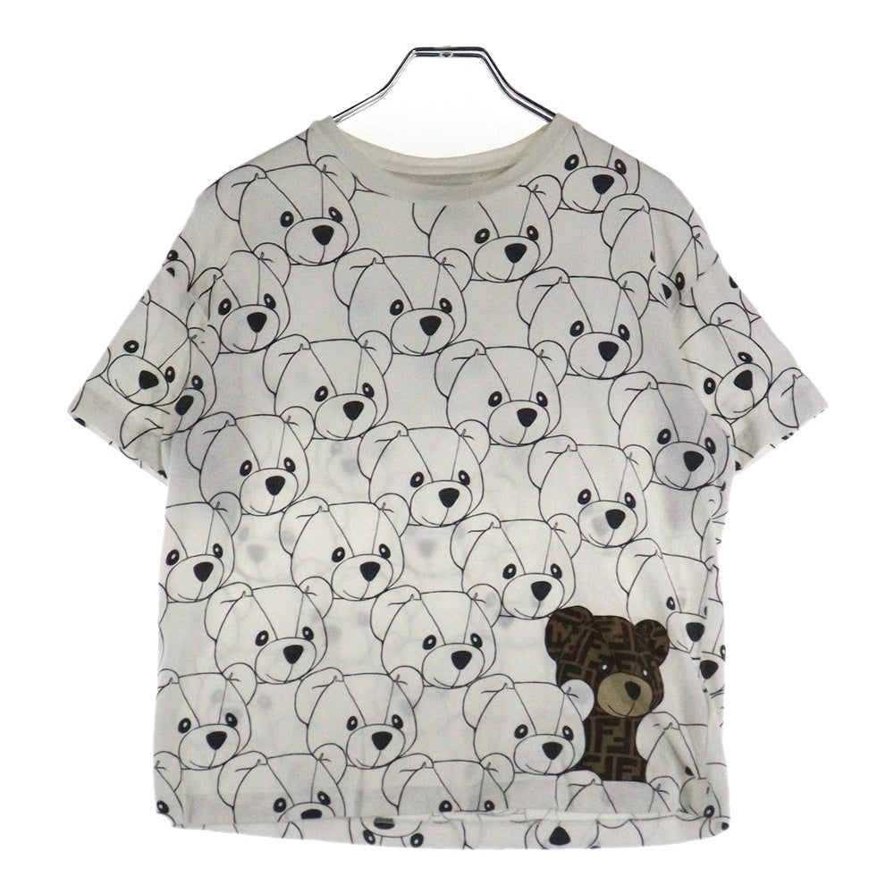 FENDI(フェンディ) ズッカ柄 テディベア 総柄プリント クルーネック 半袖Tシャツ カットソー ホワイト レディース