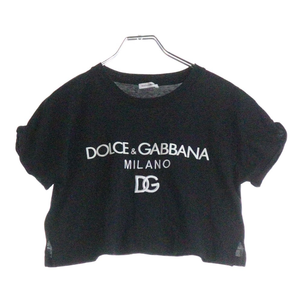 DOLCE & GABBANA(ドルチェアンドガッバーナ) フロントロゴプリント DG刺繍 クルーネック クロップド ショート丈 半袖Tシャツ カットソー ブラック レディース