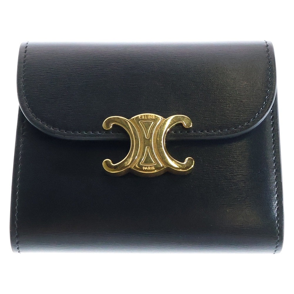 CELINE(セリーヌ) トリオンフ 三つ折り財布 コンパクトウォレット コインケース ブラック ゴールド金具 レザー