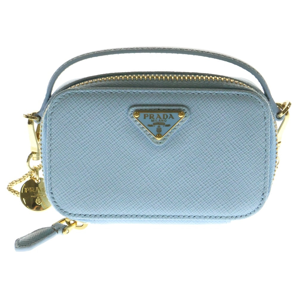 PRADA(プラダ) サフィアーノレザー トライアングルロゴプレート ミニ ポーチ チェーンショルダーバッグ ゴールド金具 ライトブルー 1NR025