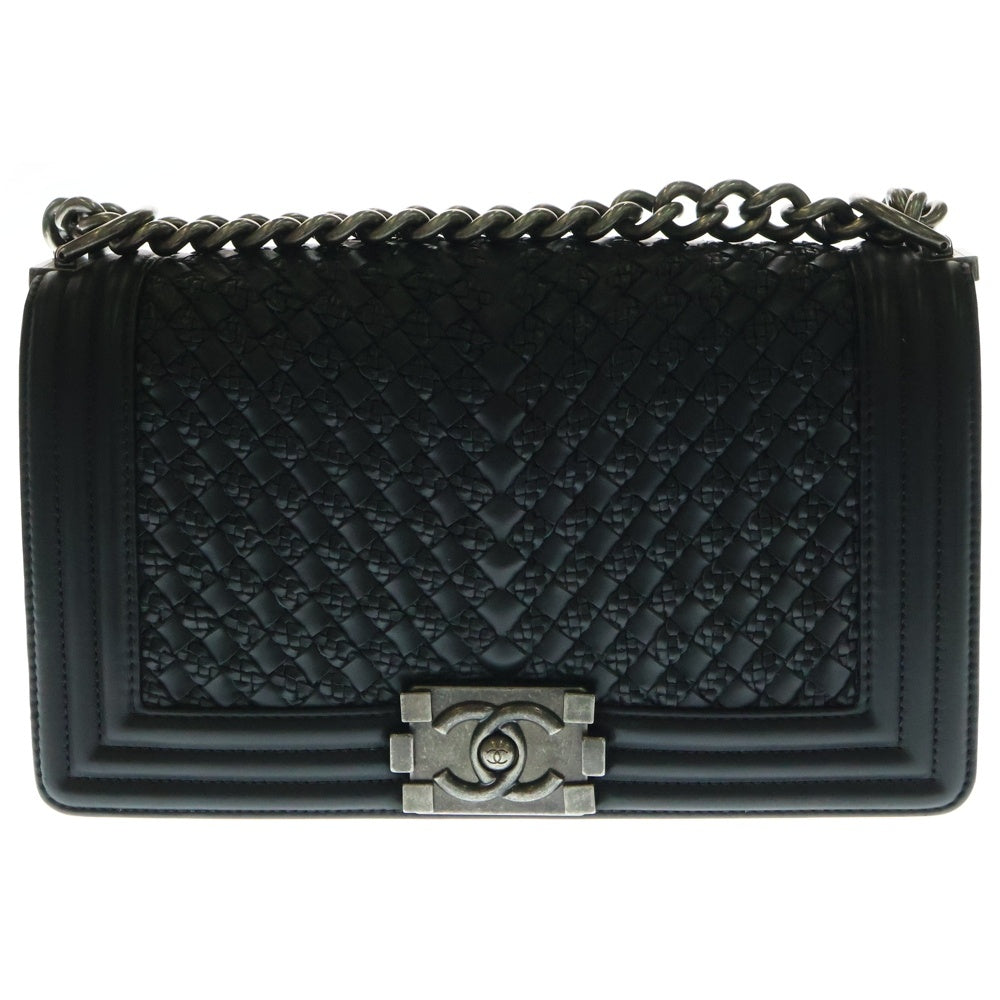 CHANEL(シャネル) ボーイシャネル25 ココマーク イントレチャート ラムスキン レザー チェーン ショルダーバッグ シルバー金具 ブラック 26番台