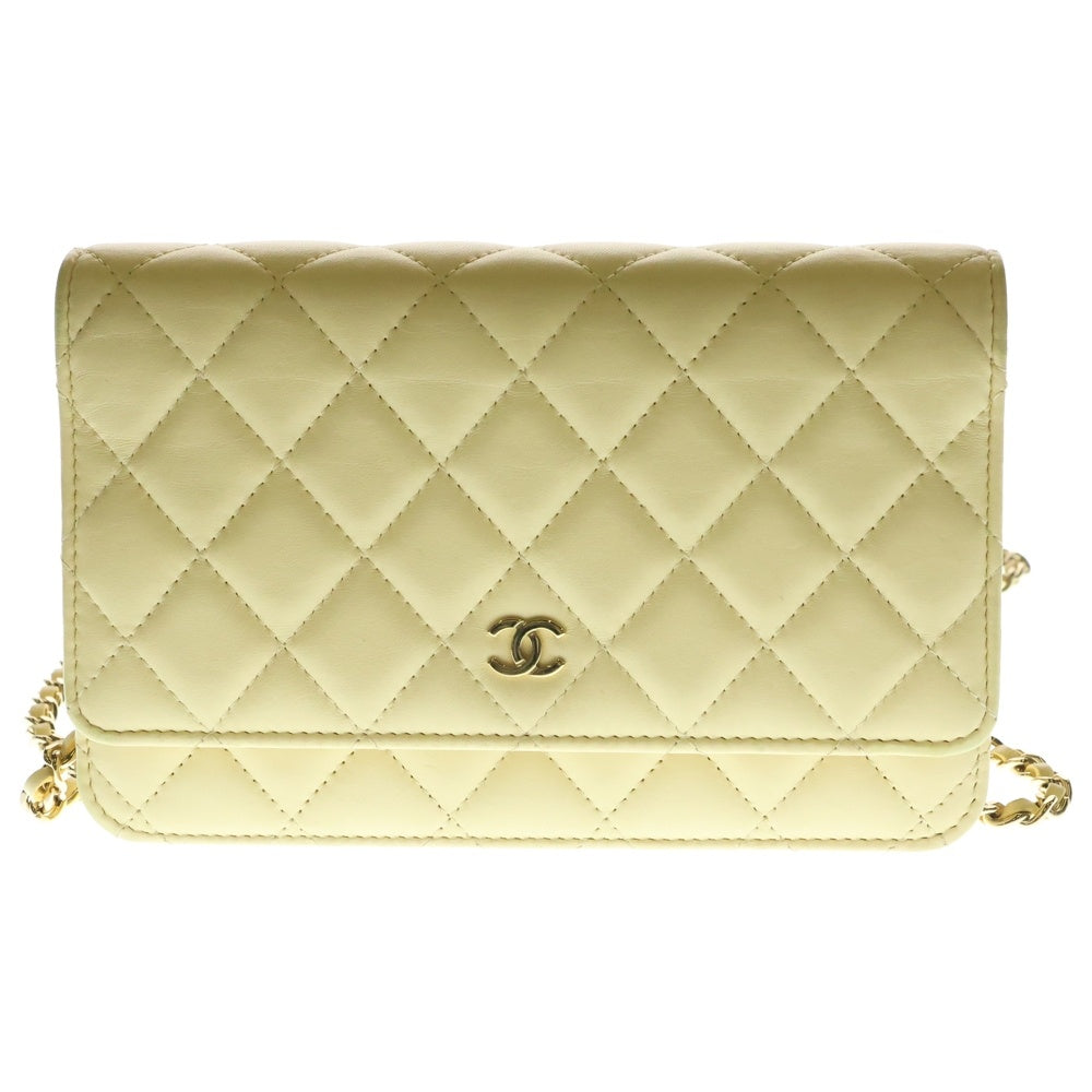 CHANEL(シャネル) ココマーク マトラッセ カーフスキン チェーンレザーロングウォレット 長財布 ペールイエロー レディース