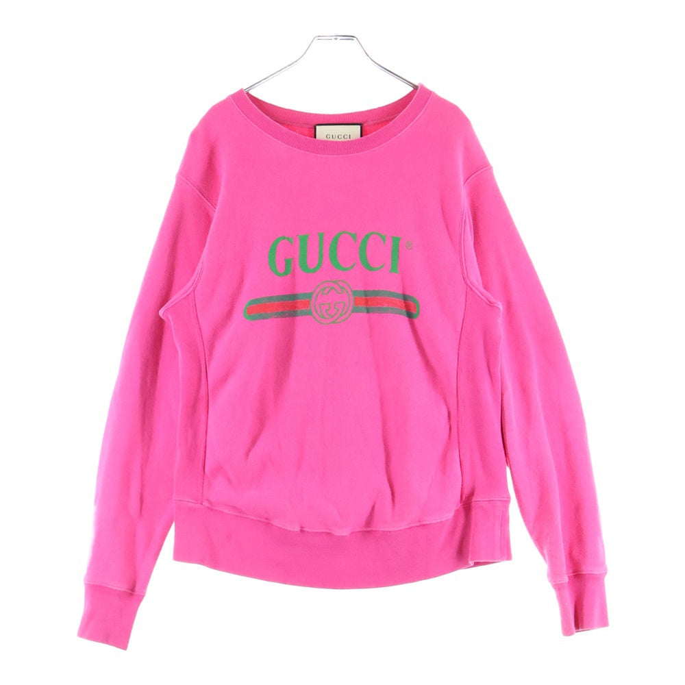 GUCCI(グッチ) ヴィンテージロゴプリント ユーズド加工 クルーネック プルオーバースウェットトレーナー ピンク 462018