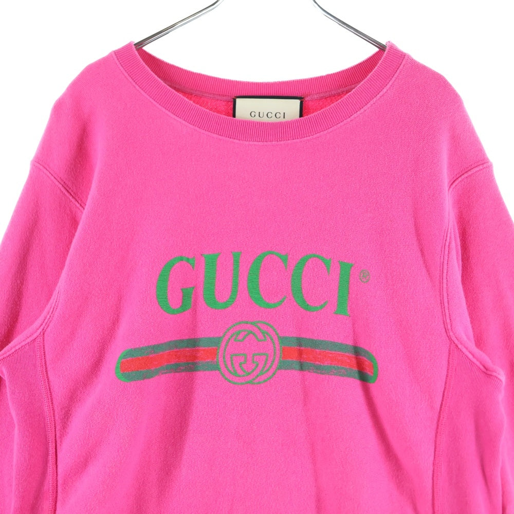 GUCCI(グッチ) ヴィンテージロゴプリント ユーズド加工 クルーネック プルオーバースウェットトレーナー ピンク 462018