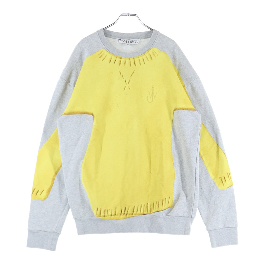 J.W.ANDERSON(ジェー ダブリュー アンダーソン) トロンプルイユ プリント ロゴ刺繍 クルーネック プルオーバースウェットトレーナー グレー/イエロー JW0170PG1216907