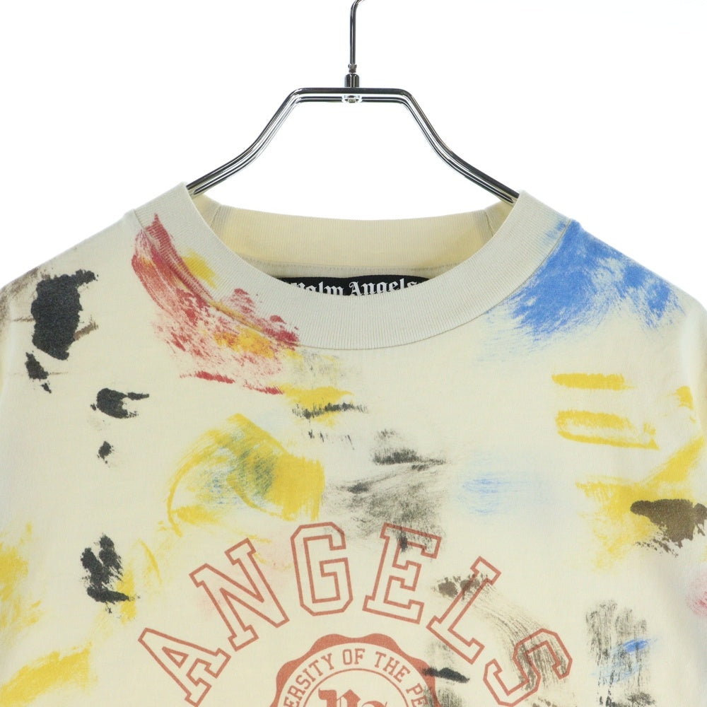 Palm Angels(パームエンジェルス) 22SS Paint Effect College Crewneck T-Shirt ペイント加工 カレッジロゴプリント クルーネック 半袖Tシャツ カットソー ベージュ PMAA072S22JER002