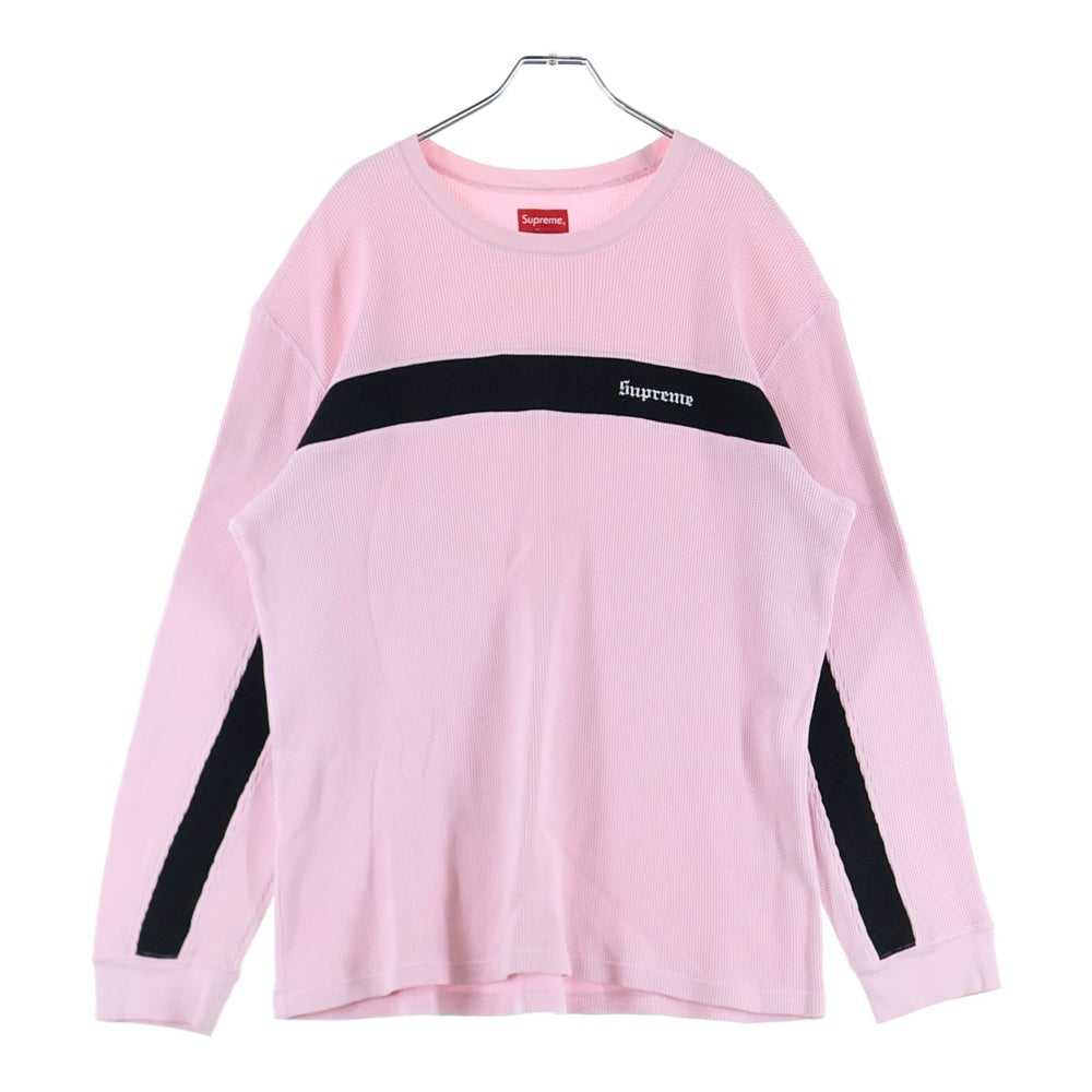 SUPREME(シュプリーム) 18AW Panel Stripe Waffle Thermal ロゴ刺繍 パネルストライプ ワッフル サーマル クルーネック ロングスリーブ 長袖Tシャツ カットソー ピンク/ブラック