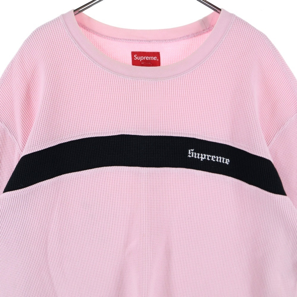 SUPREME(シュプリーム) 18AW Panel Stripe Waffle Thermal ロゴ刺繍 パネルストライプ ワッフル サーマル クルーネック ロングスリーブ 長袖Tシャツ カットソー ピンク/ブラック