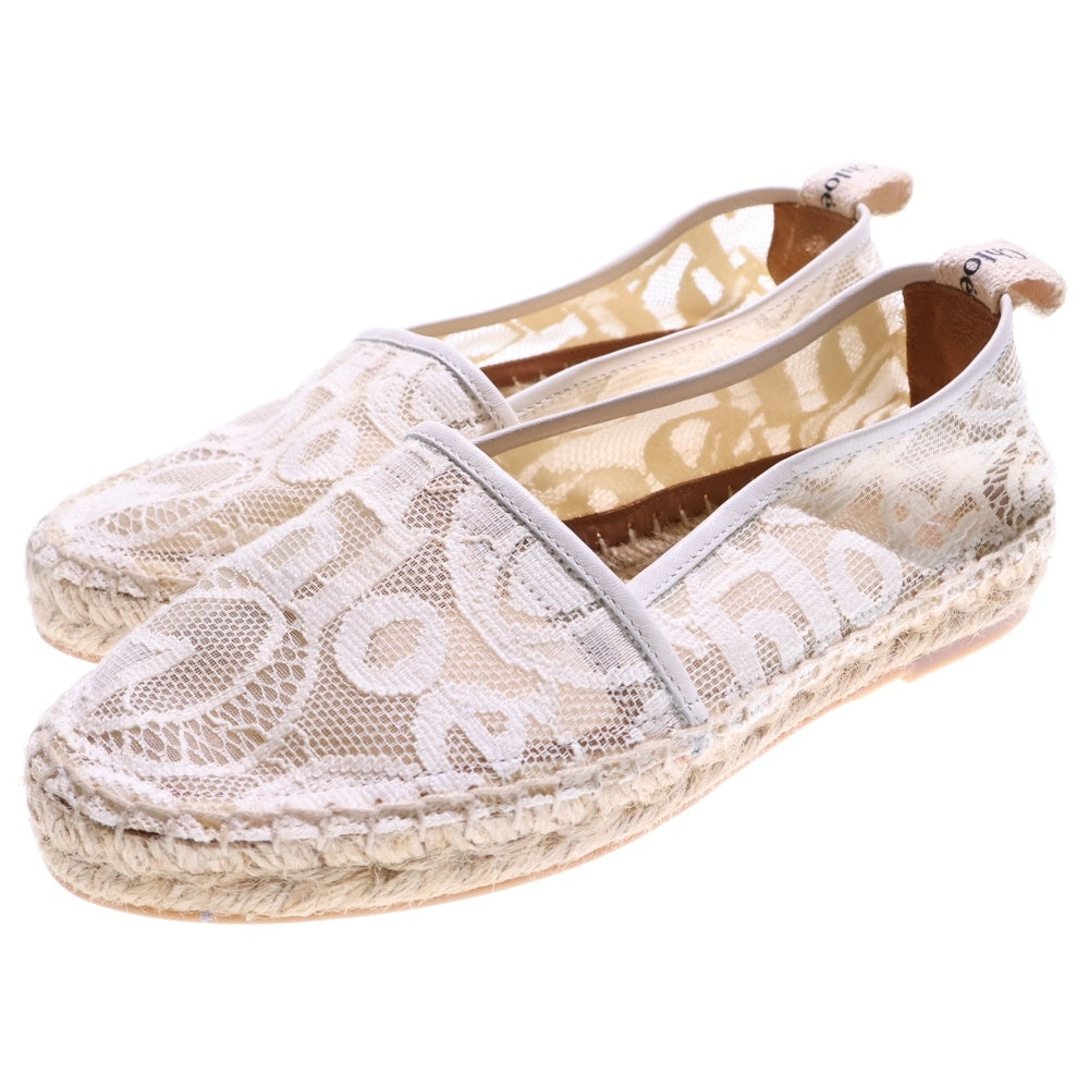 Chloe(クロエ) ロゴ レース柄 エスパドリーユ レザー フラットシューズ ホワイト レディース