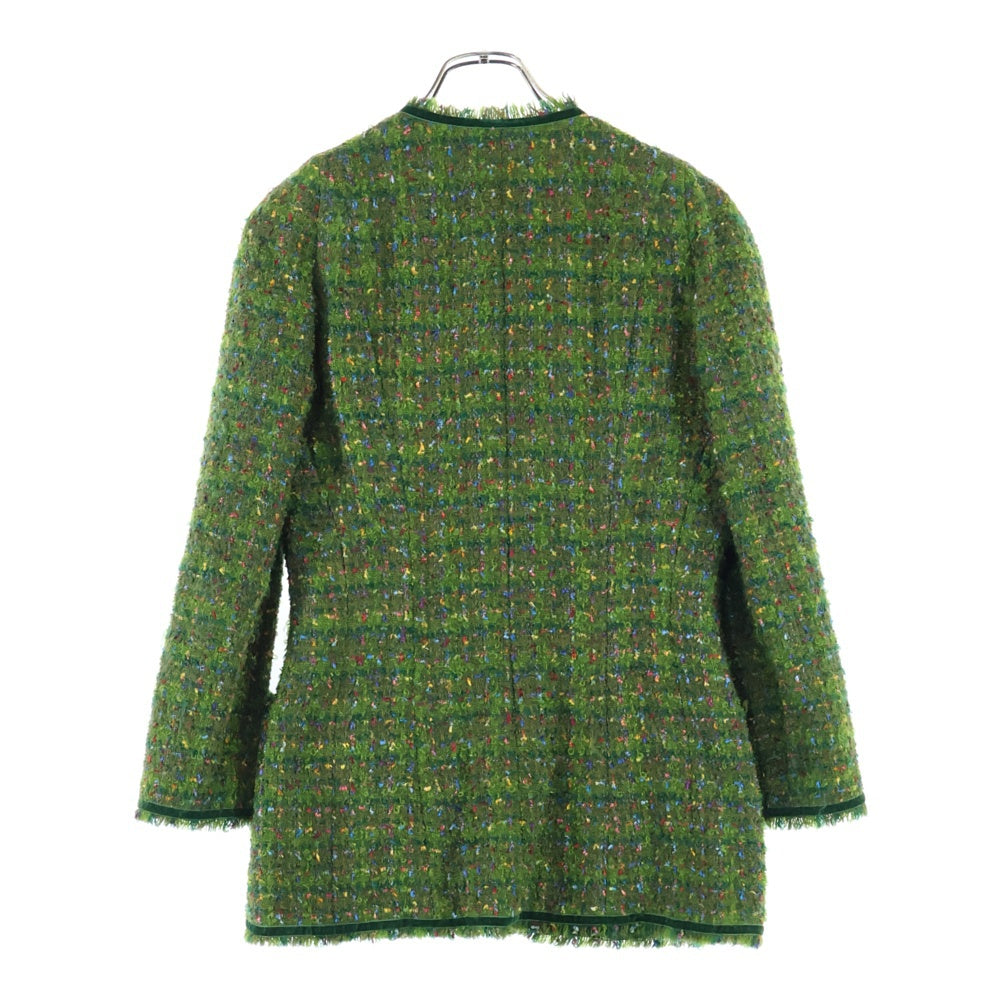 CHANEL(シャネル) ココマークボタン ウールツイード ベロア カットオフ ノーカラー ジャケット グリーン レディース 91600