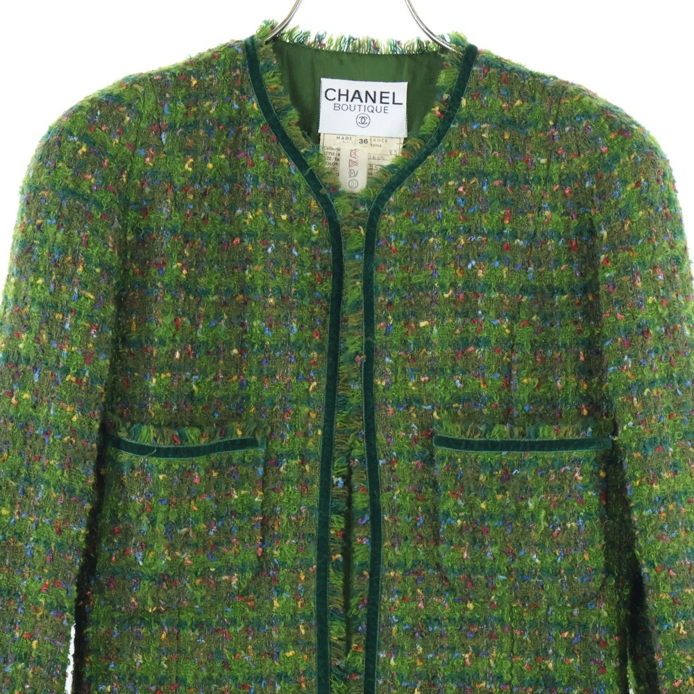 CHANEL(シャネル) ココマークボタン ウールツイード ベロア カットオフ ノーカラー ジャケット グリーン レディース 91600