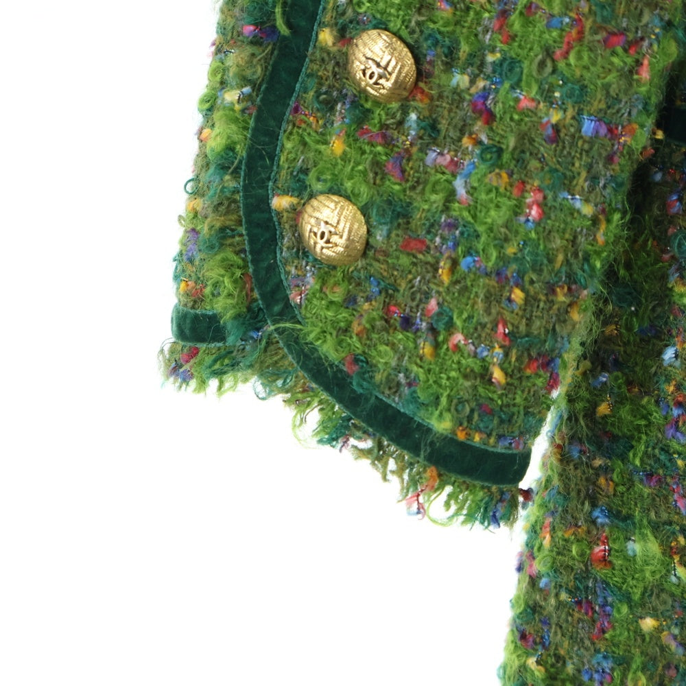 CHANEL(シャネル) ココマークボタン ウールツイード ベロア カットオフ ノーカラー ジャケット グリーン レディース 91600