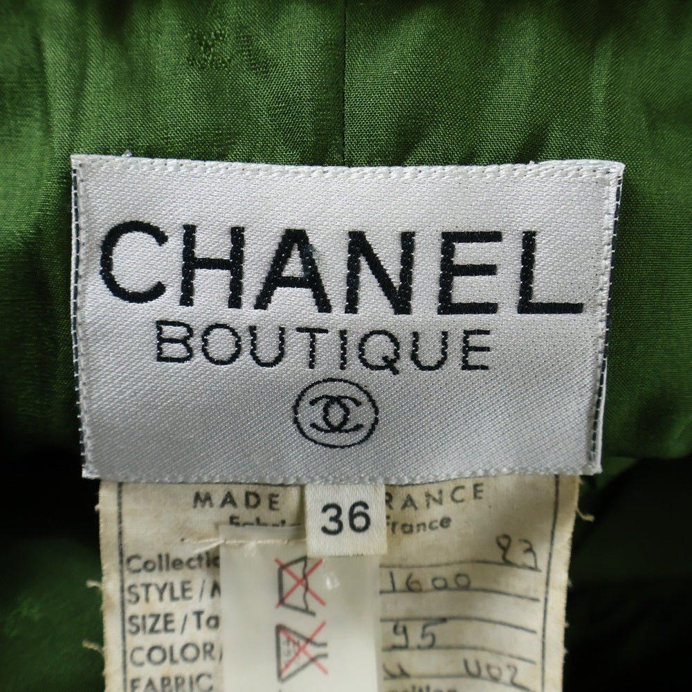 CHANEL(シャネル) ココマークボタン ウールツイード ベロア カットオフ ノーカラー ジャケット グリーン レディース 91600