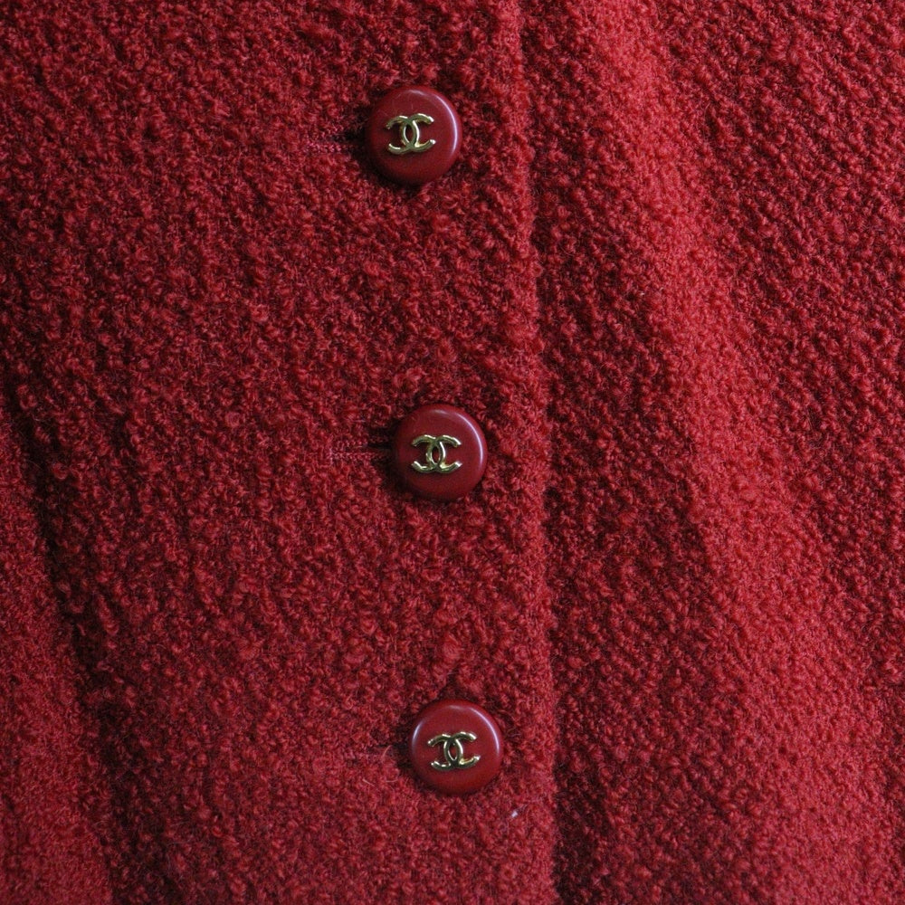 CHANEL(シャネル) ココマーク セットアップ ウールツイード ボタンレス ロング テーラードジャケット ノースリーブ ロング ワンピース レッド レディース P05828V04334
