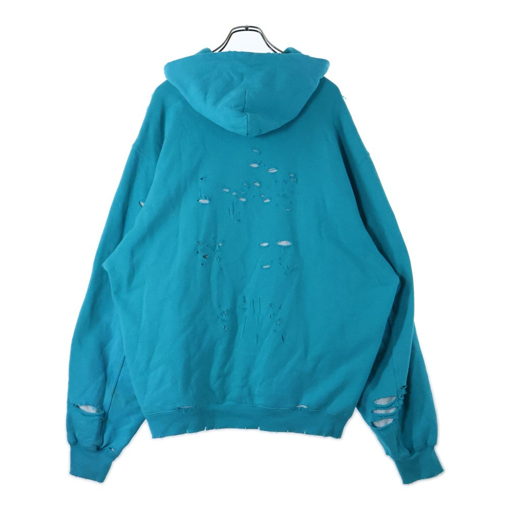 BALENCIAGA(バレンシアガ) 21SS Caps Destroyed Hoodie デストロイ加工 ロゴプリント プルオーバースウェットパーカー フーディー ライトブルー 659403