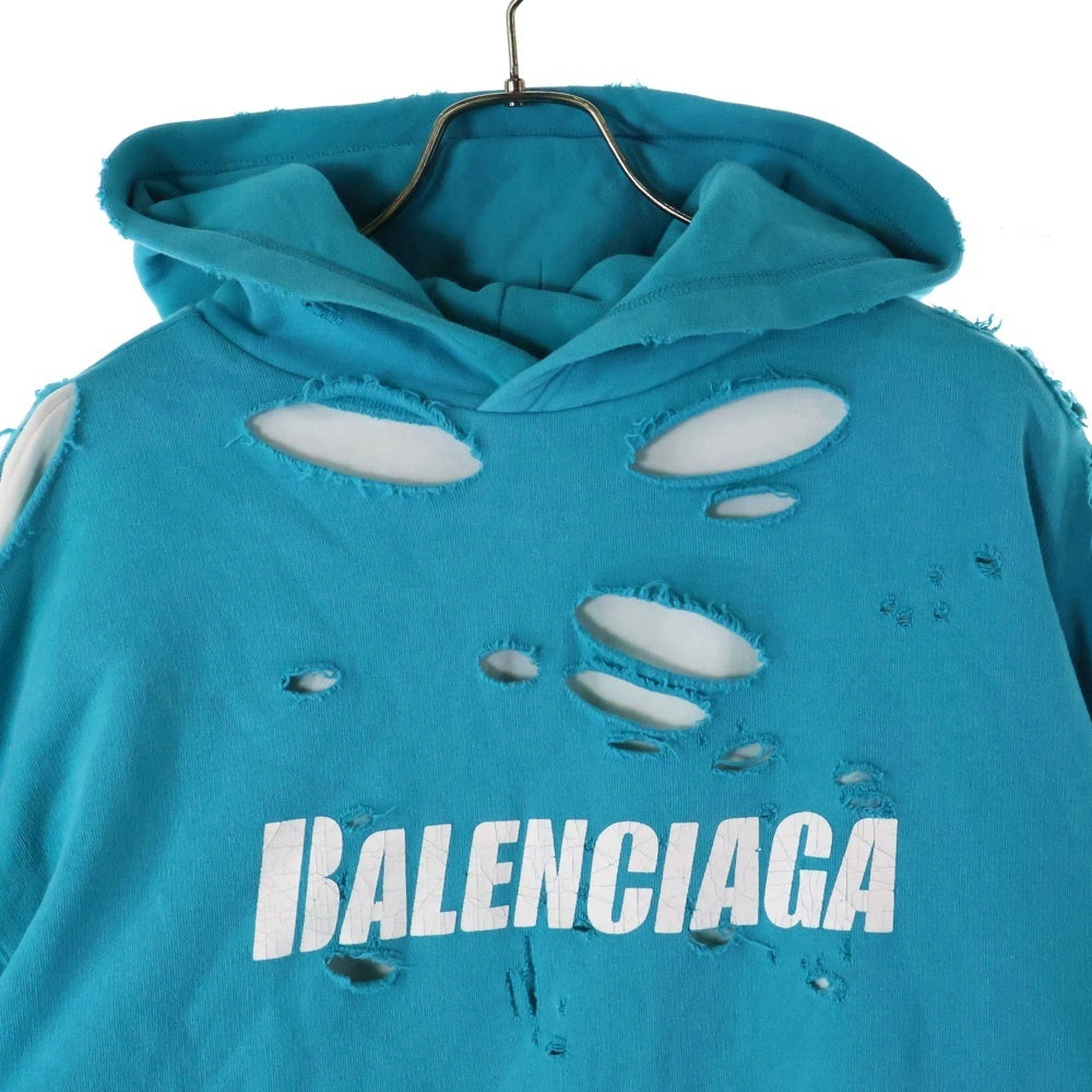BALENCIAGA(バレンシアガ) 21SS Caps Destroyed Hoodie デストロイ加工 ロゴプリント プルオーバースウェットパーカー フーディー ライトブルー 659403