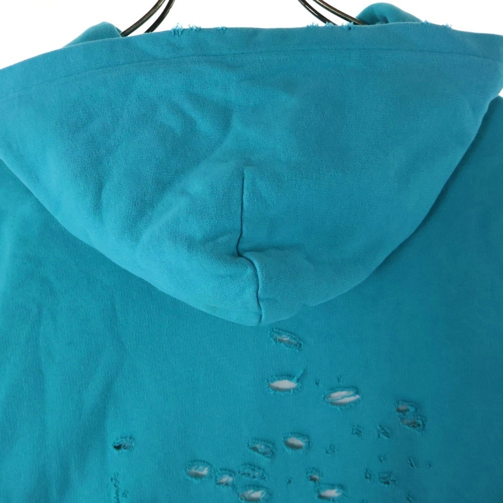 BALENCIAGA(バレンシアガ) 21SS Caps Destroyed Hoodie デストロイ加工 ロゴプリント プルオーバースウェットパーカー フーディー ライトブルー 659403