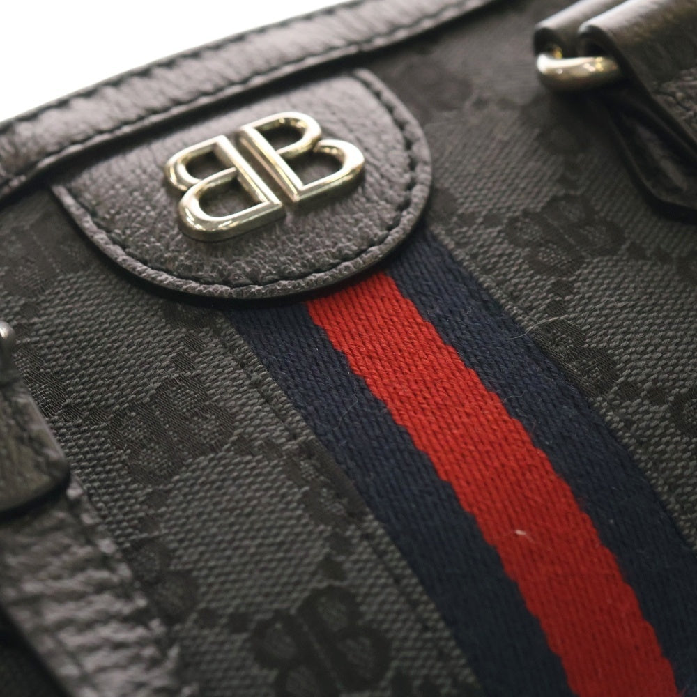 BALENCIAGA(バレンシアガ) ×GUCCI グッチ ザ ハッカープロジェクト BBロゴプレート キャンバス シェリーライン レザー 2WAY ハンド ショルダーバッグ シルバー金具 ブラック 680123