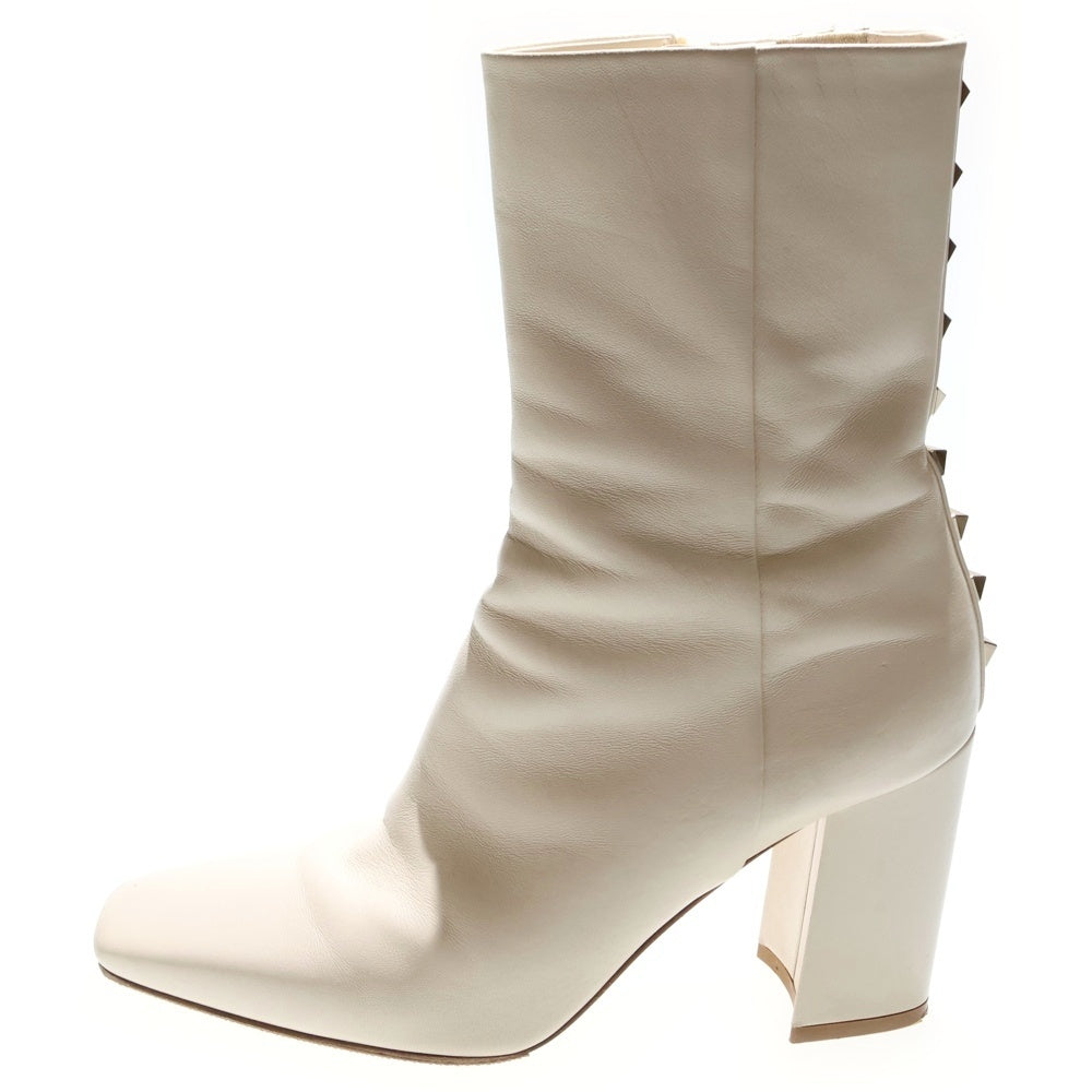 VALENTINO(ヴァレンティノ) ロックスタッズ スクエアトゥ サイドジップ レザー ヒール ショートブーツ シューズ ベージュ レディース