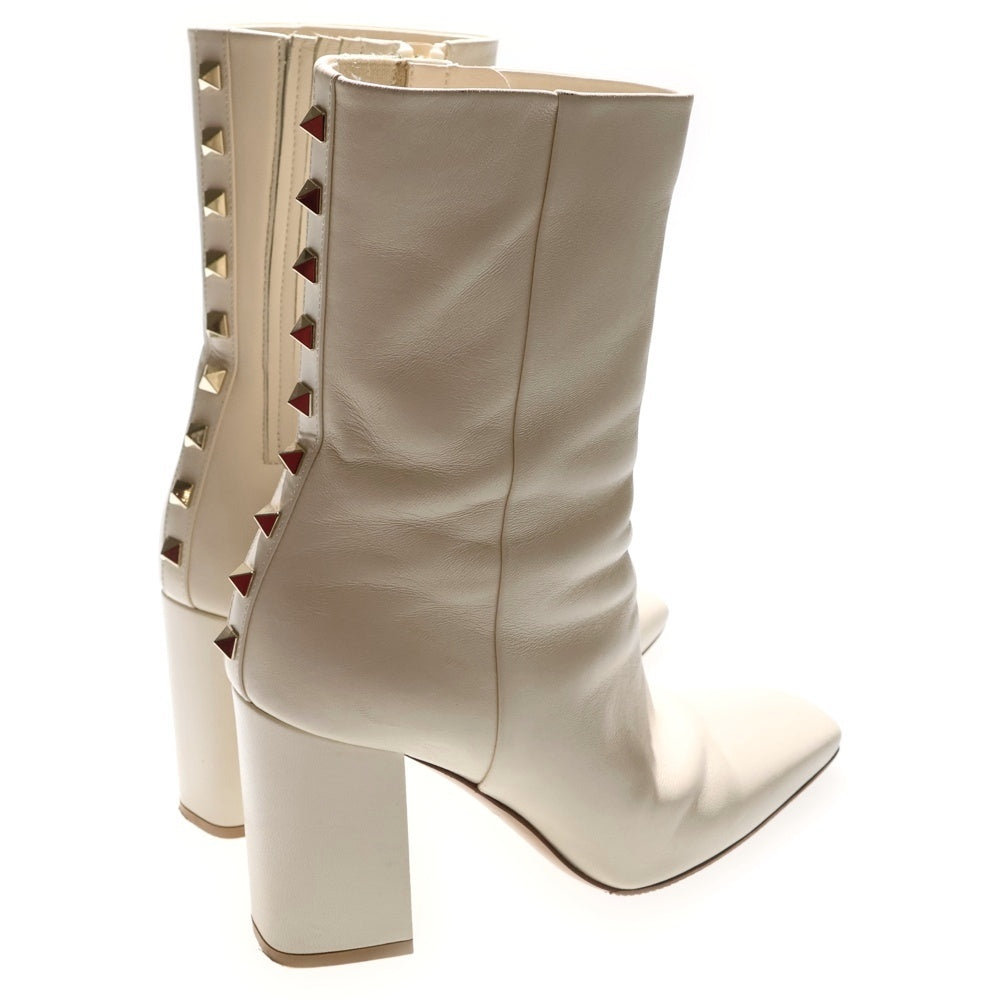 VALENTINO(ヴァレンティノ) ロックスタッズ スクエアトゥ サイドジップ レザー ヒール ショートブーツ シューズ ベージュ レディース
