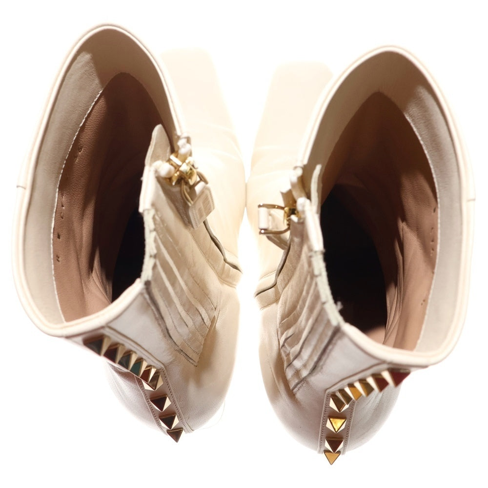 VALENTINO(ヴァレンティノ) ロックスタッズ スクエアトゥ サイドジップ レザー ヒール ショートブーツ シューズ ベージュ レディース