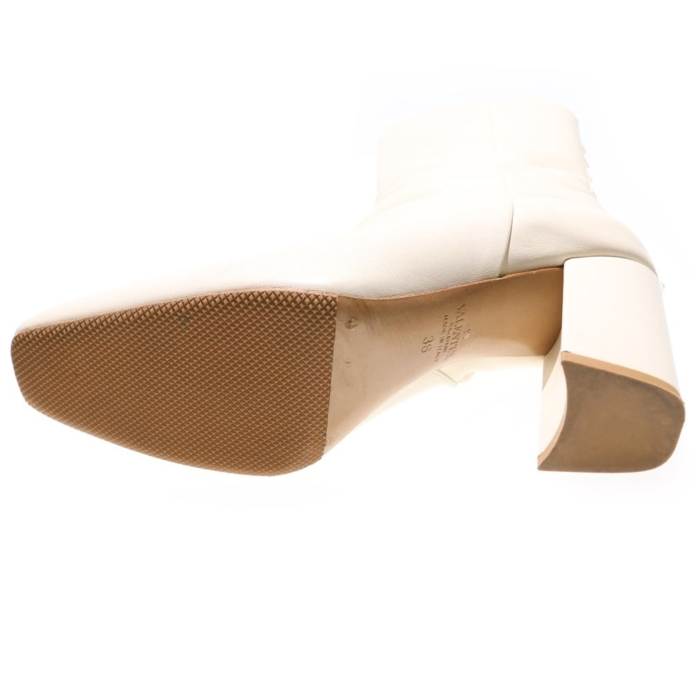 VALENTINO(ヴァレンティノ) ロックスタッズ スクエアトゥ サイドジップ レザー ヒール ショートブーツ シューズ ベージュ レディース