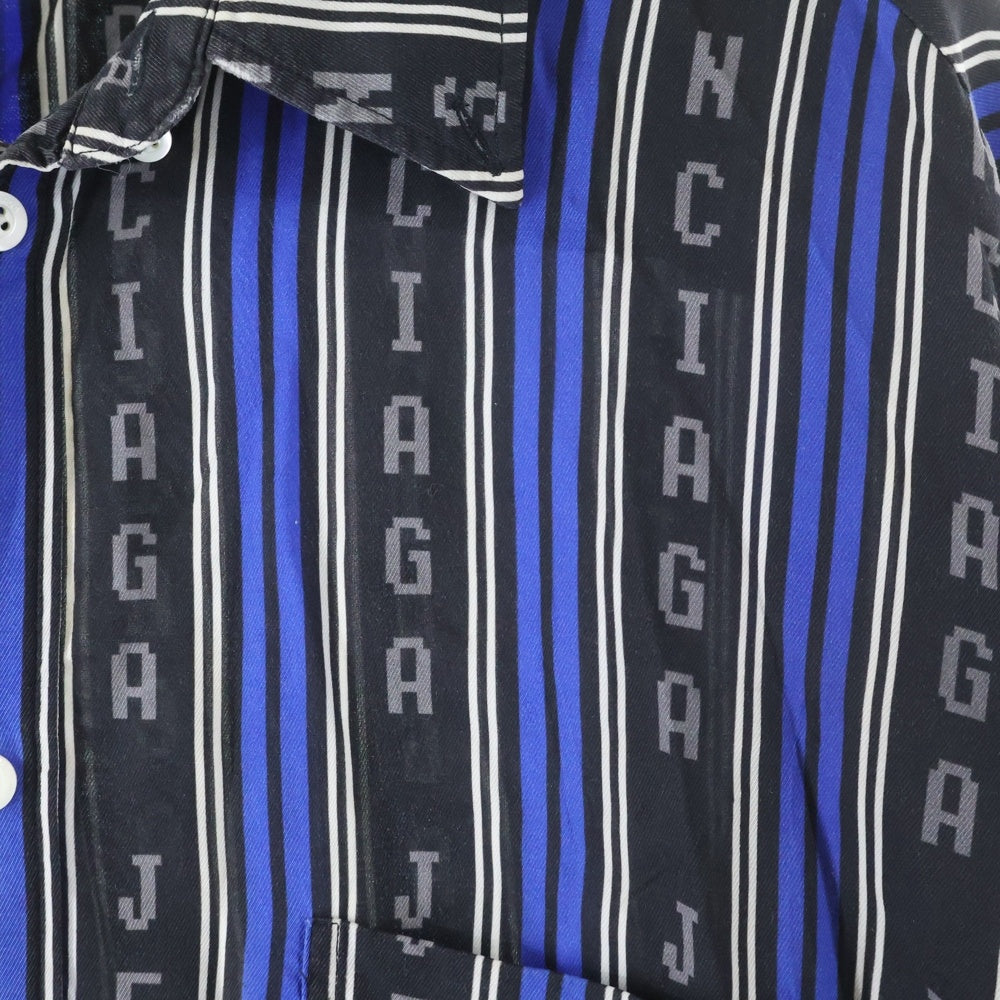 BALENCIAGA(バレンシアガ) ロゴ ストライプ総柄プリント レーヨン ボタンダウン 長袖シャツ ブラック/ブルー 627023