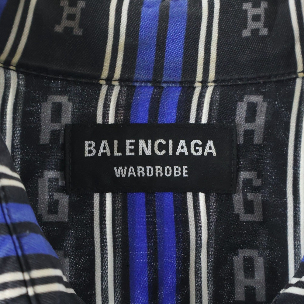 BALENCIAGA(バレンシアガ) ロゴ ストライプ総柄プリント レーヨン ボタンダウン 長袖シャツ ブラック/ブルー 627023