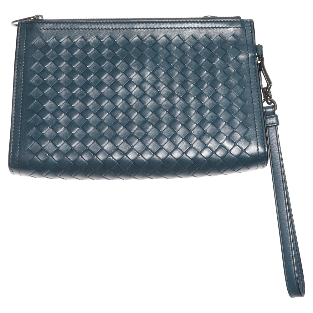 BOTTEGA VENETA(ボッテガヴェネタ) イントレチャート ポーチ ケース セカンドバッグ クラッチバッグ スモーキーブルー レザー ブラック金具