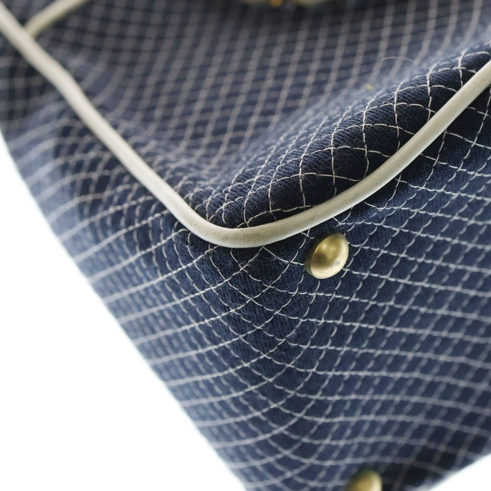 CHANEL(シャネル) マイクロマトラッセ ココマーク レザー切替チェーンキャンバスハンドバッグ ネイビー/ホワイト レディース