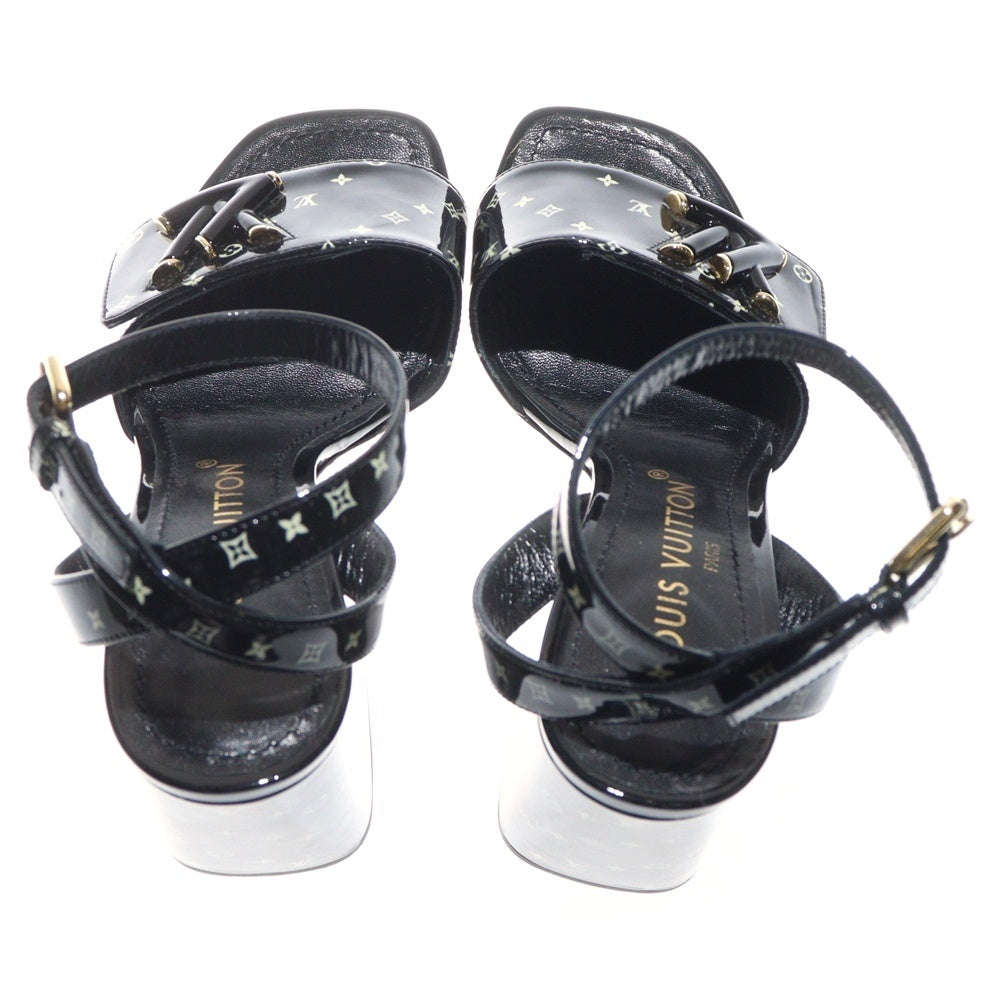 LOUIS VUITTON(ルイヴィトン) シェイク ライン LVロゴプレート モノグラム パテントレザー ヒール ストラップ サンダル シューズ ブラック レディース