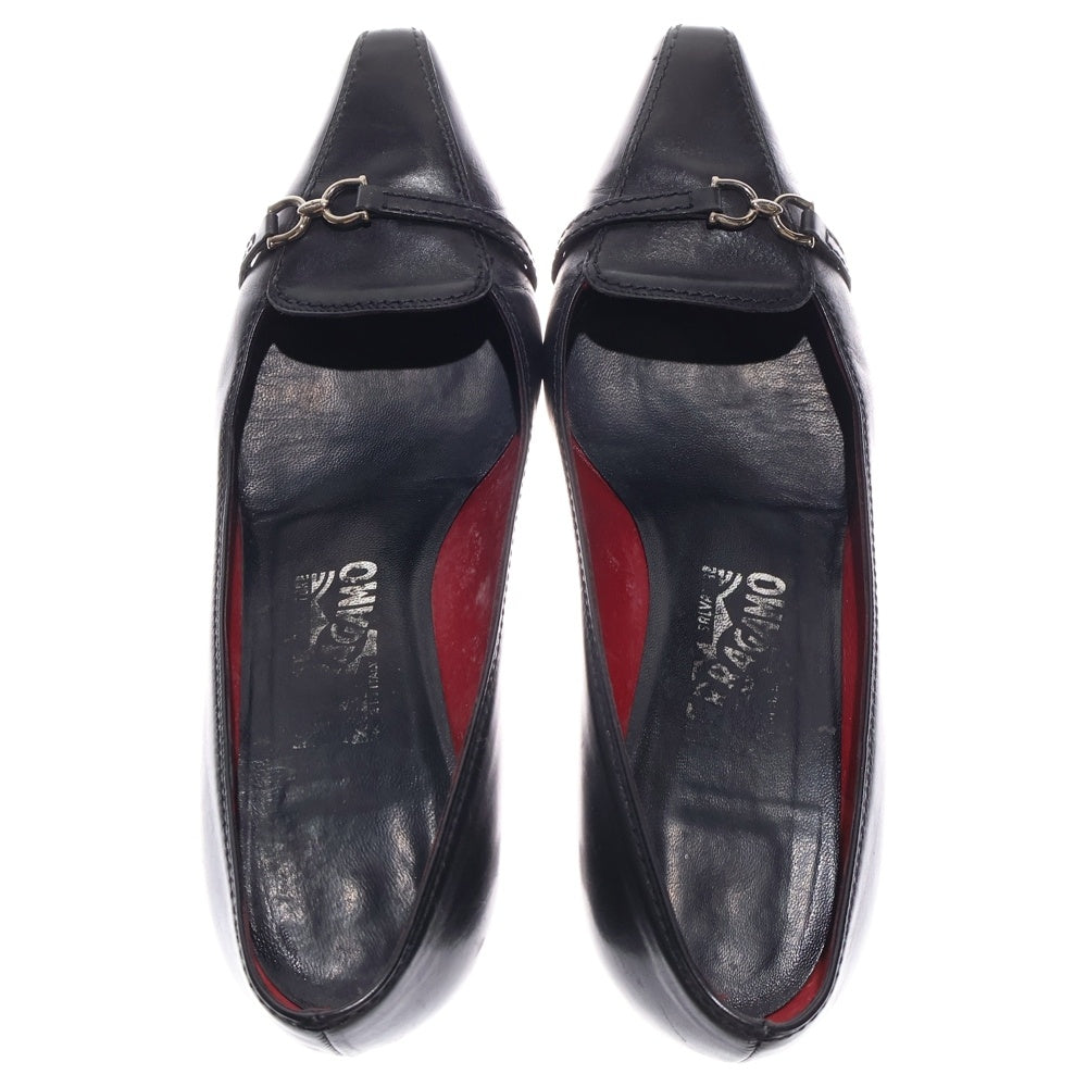 FERRAGAMO(フェラガモ) ガンチーニ ロゴプレート レザー ヒール パンプス シューズ ブラック レディース